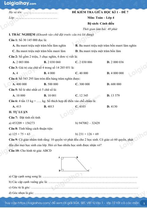 Đề kiểm tra giữa học kì 1 Toán 4 Cánh diều - Đề số 7